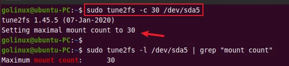 tune2fs command to change the maximum mount count of a filesystem