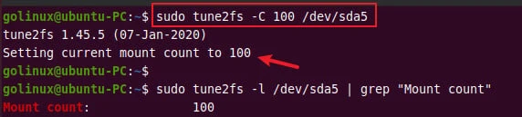 tune2fs command to change the mount count of a filesystem