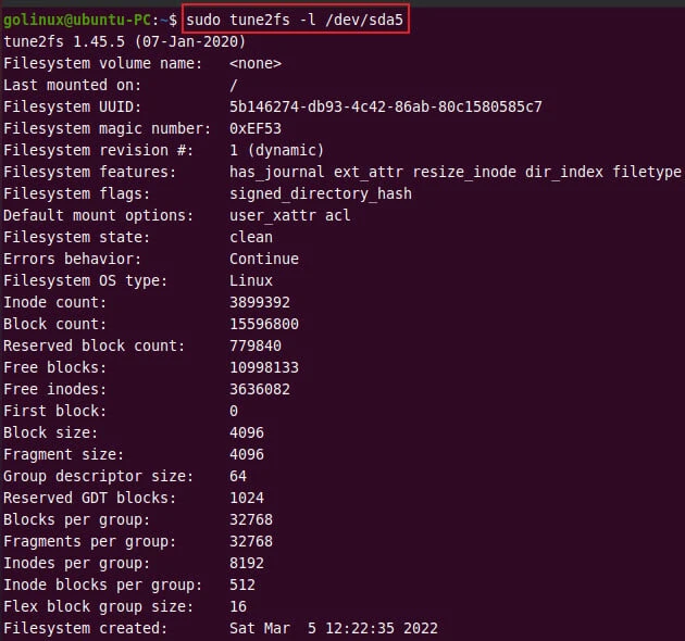 tune2fs command to list filesystem parameters
