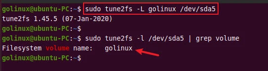 tune2fs command to set the filesystem volume label
