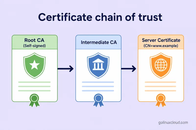 PKI chain of trust from Root CA through Intermediate CA to server leaf certificate