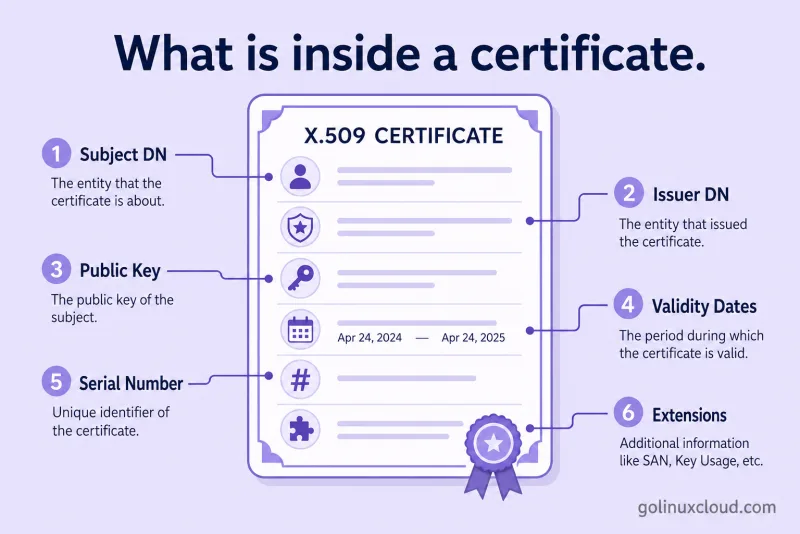 Diagram labeling Subject, Issuer, public key, validity dates, serial number, and X.509 extensions inside a certificate