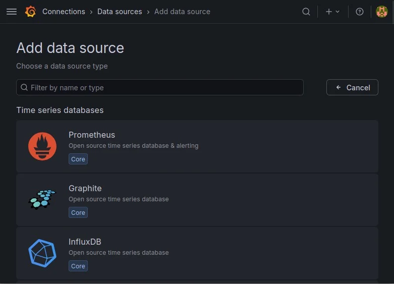 Grafana Connections data sources page adding Prometheus with URL http://127.0.0.1:9090 and Save and test button