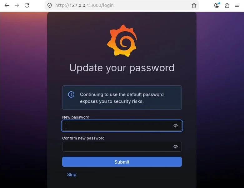 Grafana update your password screen prompting for a new admin password after first login