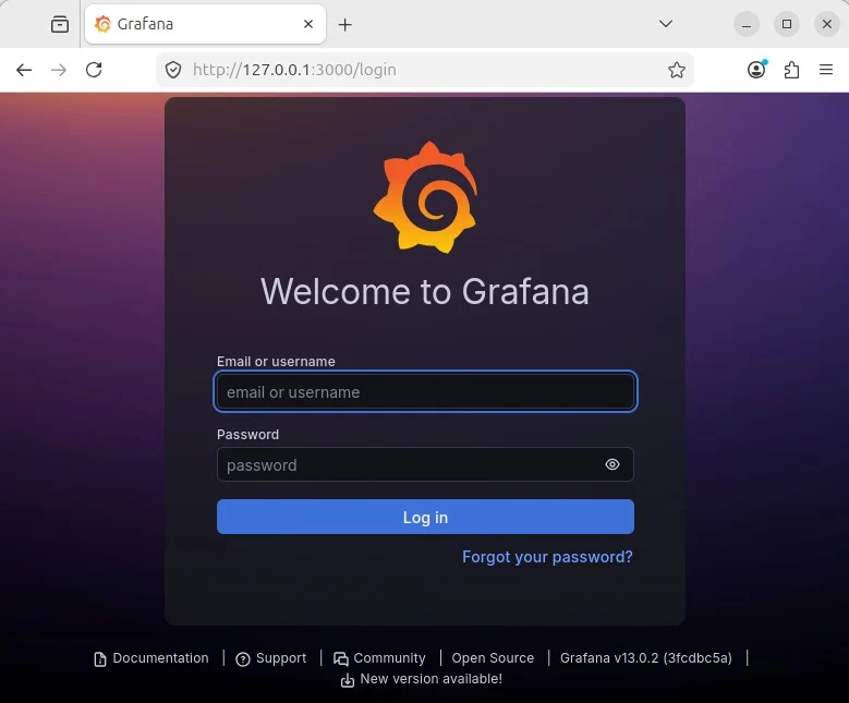 Grafana 13 login page at port 3000 with email or username and password fields