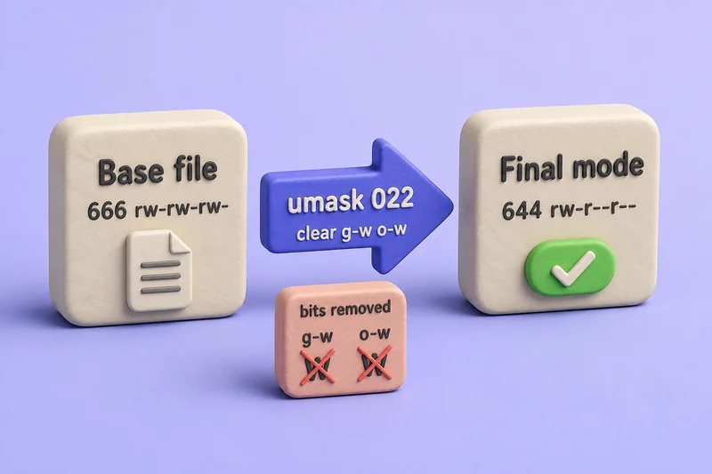 umask flow from base mode 666 through mask 022 to final permission 644