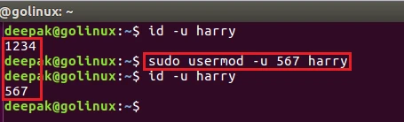 usermod command to change user id of user