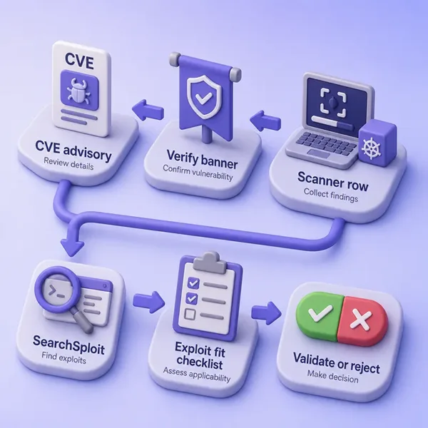 Validation workflow from scanner finding through version check, CVE advisory, SearchSploit search, exploit-fit review, and validate or reject decision
