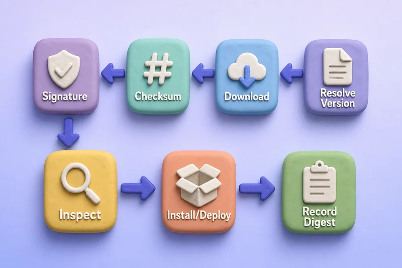 Kubernetes release verification workflow from version resolution through checksum, signature, architecture check, install, and digest recording