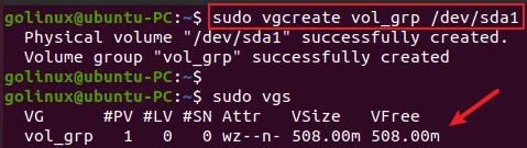 vgcreate command to create volume group from physical volumes