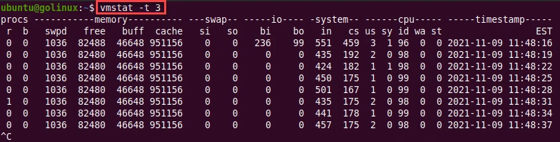 vmstat command to delay between updates in seconds