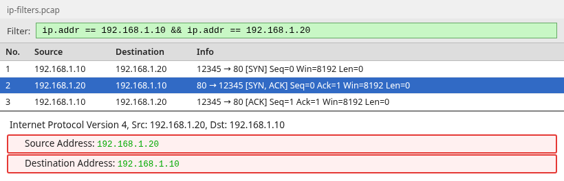 Wireshark two-host filter showing only the conversation between 192.168.1.10 and 192.168.1.20