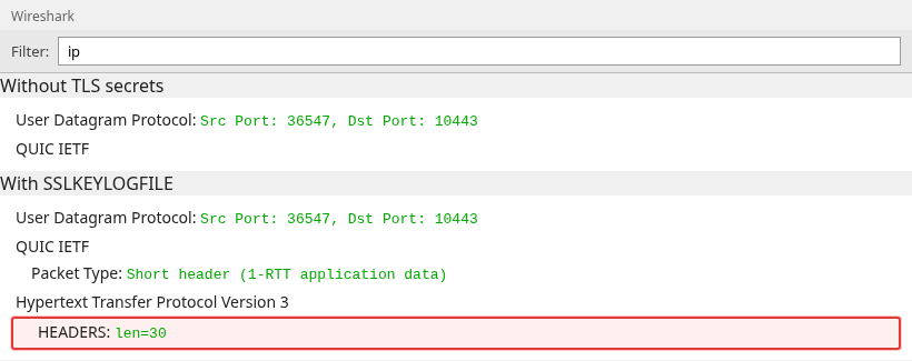 Wireshark detail pane before and after loading TLS secrets for the same QUIC short packet