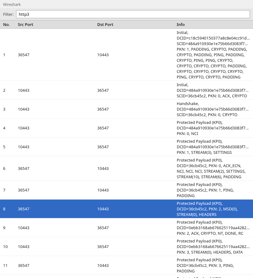 Wireshark detail for an HTTP/3 HEADERS frame on a decrypted QUIC stream