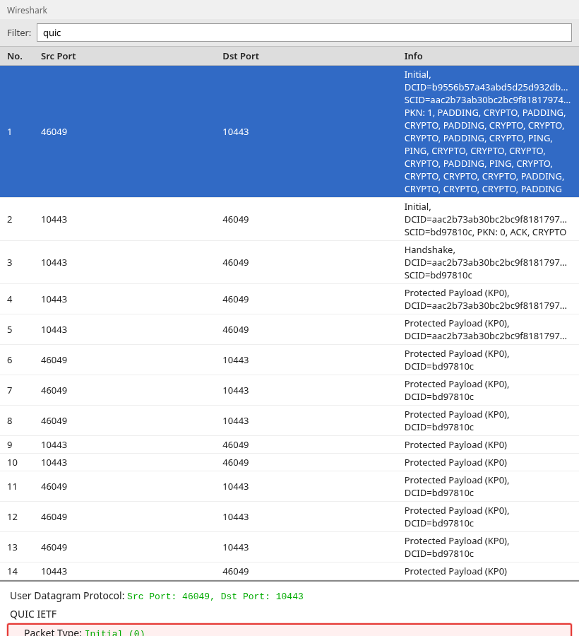 Wireshark packet list filtered on quic showing UDP ports and QUIC Initial through HTTP/3 Info text