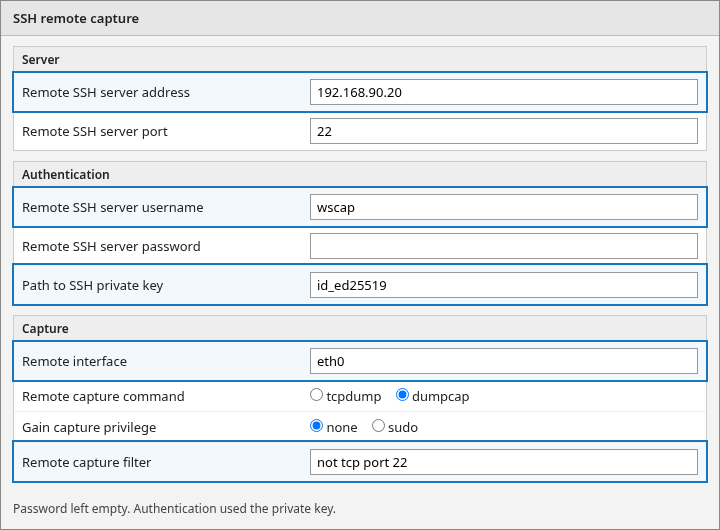 SSHDump settings for host 192.168.90.20, user wscap, interface eth0, dumpcap, and filter not tcp port 22