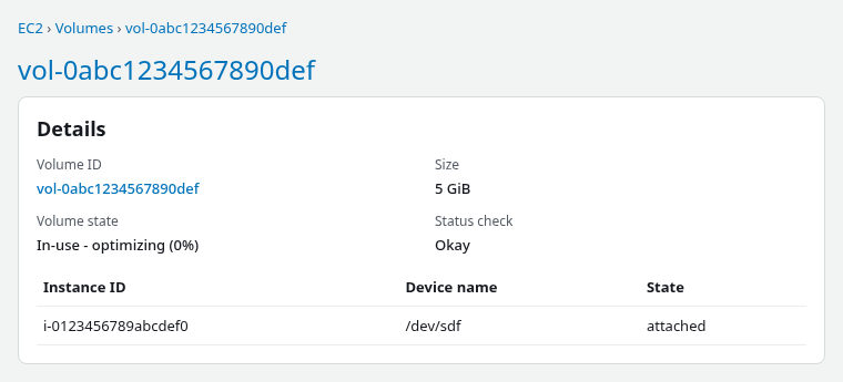 EC2 volume details showing a 5 GiB gp3 XFS data volume in In-use optimizing state attached as dev sdf