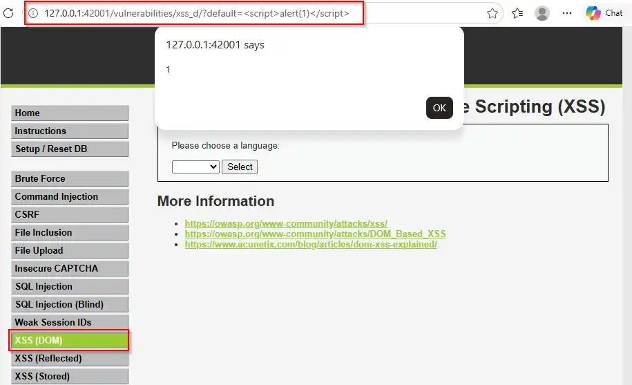 DVWA DOM XSS alert dialog showing 1 with default script payload in the URL