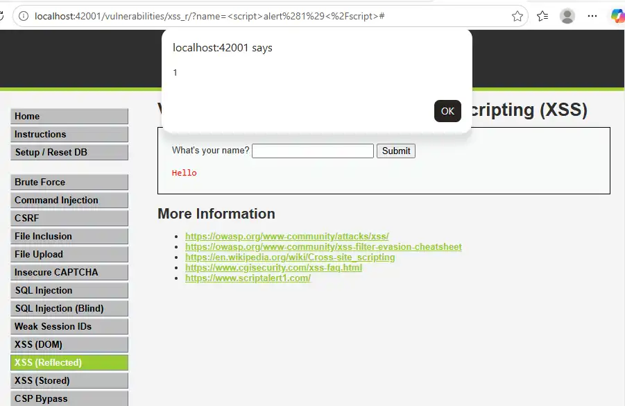 DVWA reflected XSS alert dialog showing 1 after submitting script alert(1) in the name field