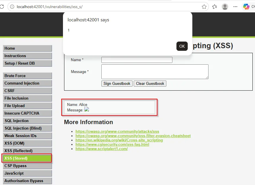 DVWA stored XSS alert after reloading the guestbook with a persisted payload