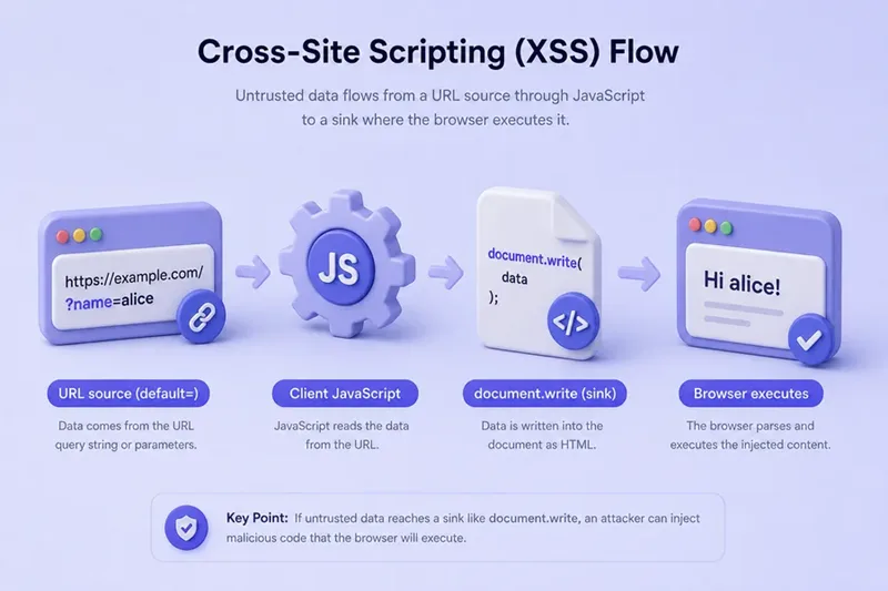 DOM XSS flow from URL source through client JavaScript into an unsafe sink such as document.write