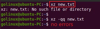 xz command to hide errors