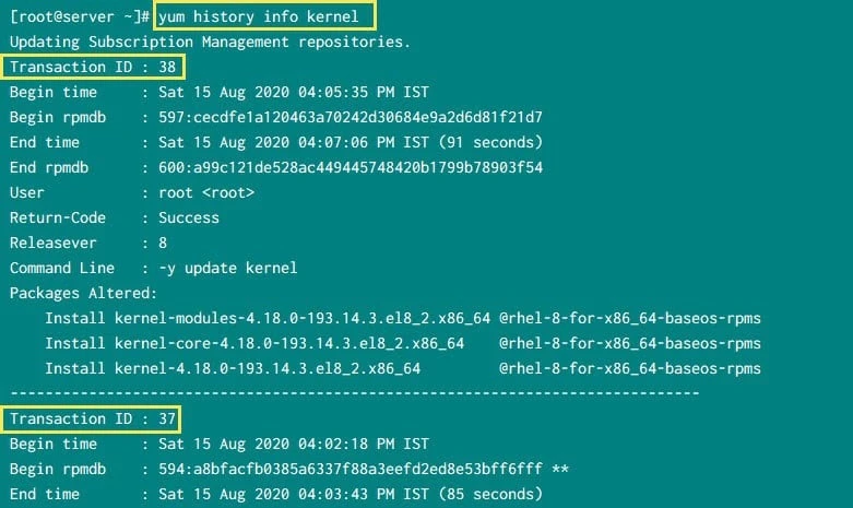 yum history info kernel